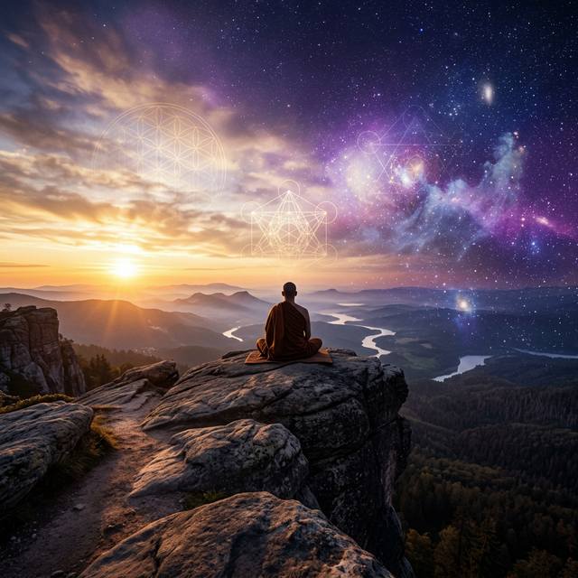 A person meditating on a cliff at sunrise, overlooking a cosmic landscape with sacred geometry in the sky
